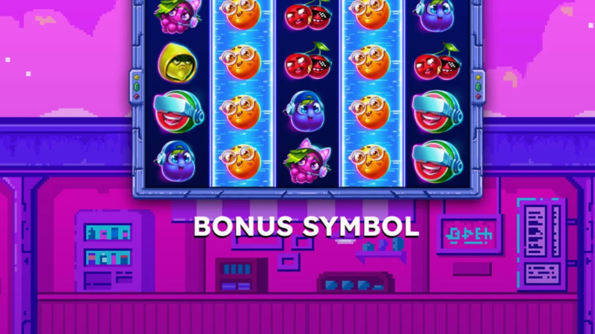 Tampilan visual retro pixel art dari slot Frooty Troupe Game On