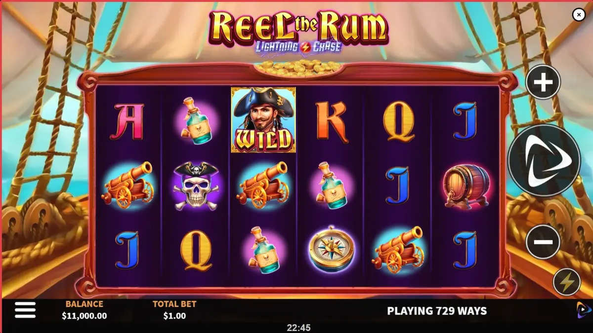 Tampilan visual slot Reel the Rum dengan latar belakang kapal bajak laut dan pulau tropis