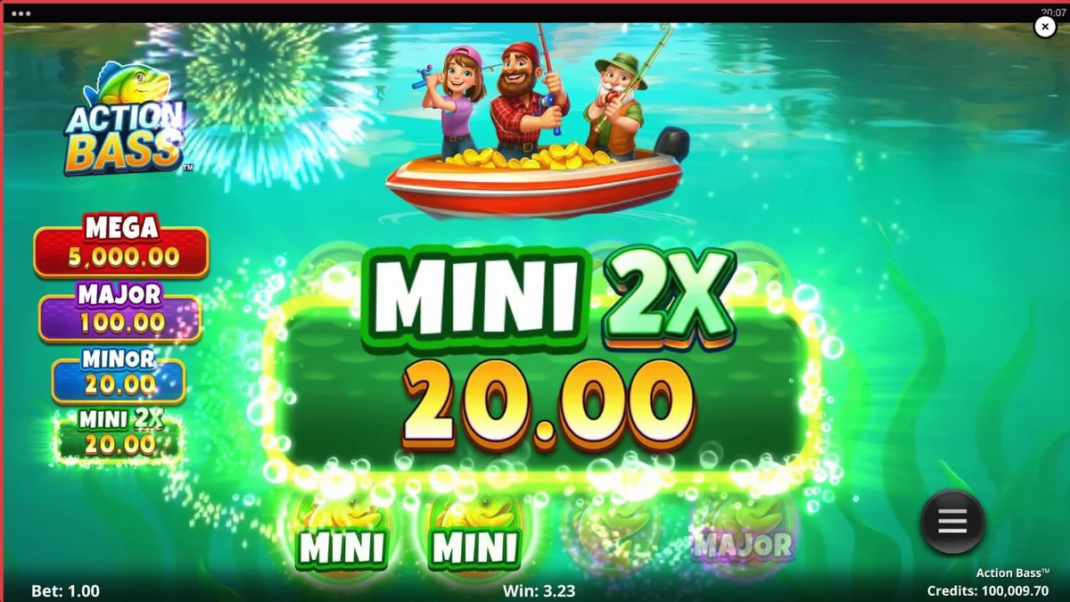 Pemandangan danau yang tenang dengan simbol-simbol memancing dalam slot Action Bass